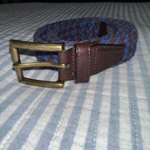 J.McLaughlin Men’s Braided Woven Belt Size 36 Blue Brown Leather Brass Buckle